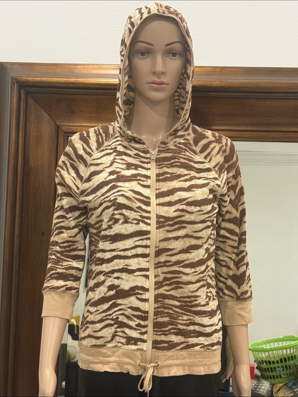 Vintage L-RL Ralph Lauren Brown and Cream Zebra-Print Hooded Zip up Medium